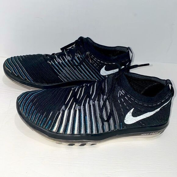 Nike Free Transform Flyknit Black Blue Striped Athletic Gym Shoes Trainers Sz 8 - Picture 6 of 14